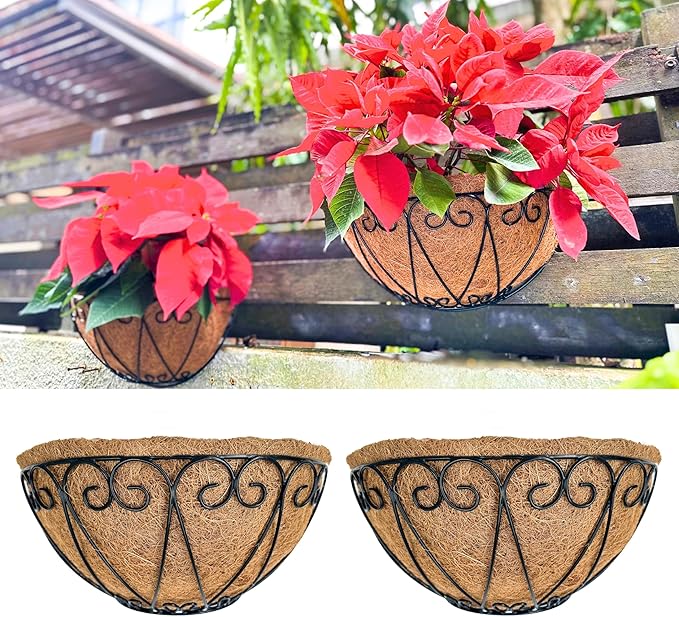 LaLaGreen Outdoor Wall Planters (2 Pack, 16 Inch) Black Metal Wall Mounted Hanging Basket with Coco Liner, Large Flower Pot Plant Holder Planter for Fence Railing Deck Porch Balcony Modern Home Decor