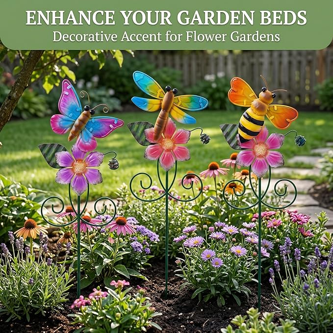 Topadorn Floral Garden Stakes Outdoor Plant Pick Waterproof Metal Flower Garden Stakes for Lawn Yard Patio,Pathway and Planter Pot Decor,Set of 3,Bee,Butterfly and Dragonfly