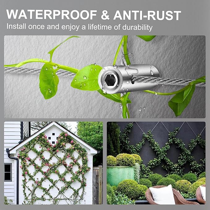 Wire Trellis for Climbing Plants Outdoor, 30-Set Wall Wire Trellis Kit with 1/8in x 150ft Stainless Steel Cable & Cutter, T316 Cylindrical Espalier System for Fence and Garden DIY Projects
