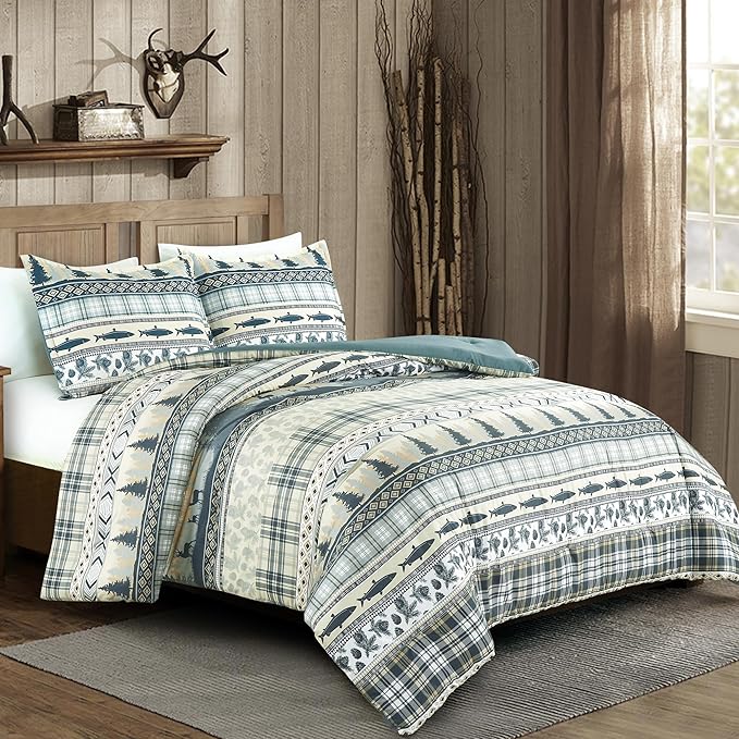Chezmoi Collection Meadow 3-Piece Cabin Lodge Comforter Set - Multicolor Pine Tree Fish Deer Explorer Mountain Printed Microfiber Bedding, King