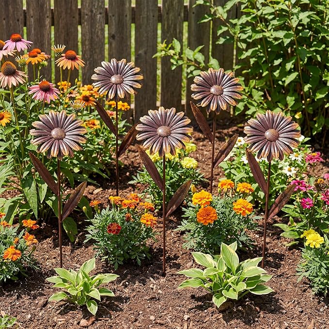 5 Pcs 11.8 Inch 3D Rusty Metal Garden Stakes, Weatherproof Decorative Plant Picks for Farmhouse Outdoor Yard, Lawn, Patio & Walkway(Daisy)