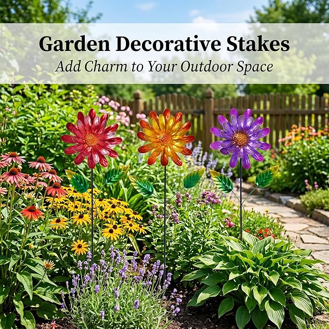 Garden Stakes Decorative, Metal Flowers for Outside, Glow in Dark Yard Lawn Ornaments Plant Pot Flower Bed Decor, Patio, Set of 3, Purple Yellow Red