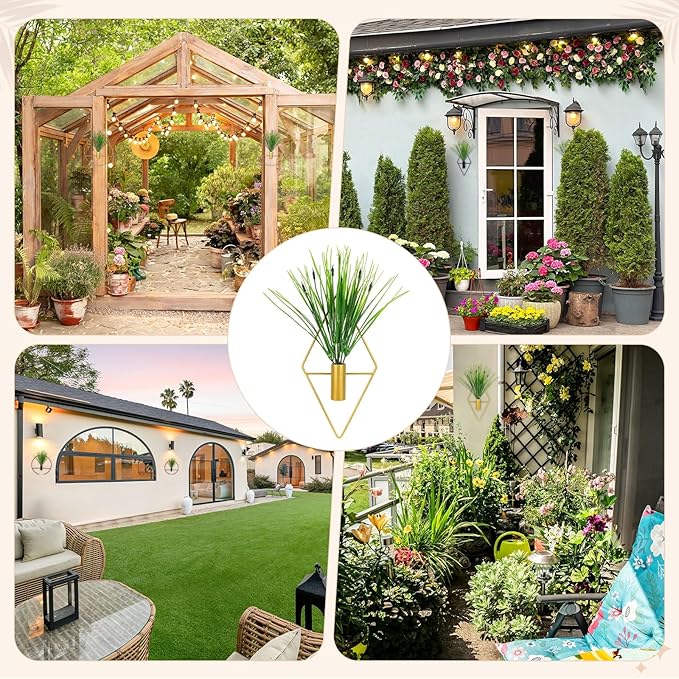 M METERXITY 2 Set Plant Wall Decor, Hanging Planters with Artificial Aquatic Plant Metal Hanging Vase Diamond Shape Wall Planter Holder Boho Room Decor for Garden/Backyard/Room [Golden]
