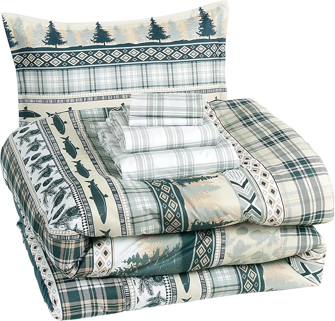 Chezmoi Collection Ridge 7-Piece Northwest Cabin Lodge Bed in a Bag California King Comforter Set - Multicolor Pine Tree Fish Deer Printed Microfiber Bedding Set