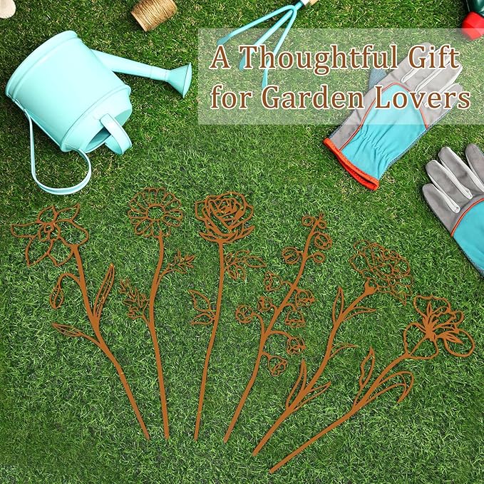 Rusty Metal Flowers for Outside, 6 PCS Decorative Garden Stakes, Metal Yard Art Outdoor Flower Bed Decor, Garden Stakes Decorative for Lawn, Pots, Walkway