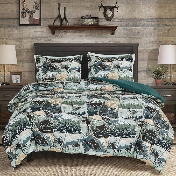 Chezmoi Collection Bishop 2-Piece North Lake Motif Comforter Set - Multicolor Blue Green Brown Black Printed Washed Cabin Lodge Microfiber Bedding, Twin