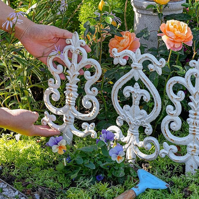 Sungmor Vintage Cast Iron Garden Stakes - 3PCS Ornate Metal Plant Stakes for Yard Art, Patio,Lawn Ornamentation,5.3inch Tall Antique White Finish,Exquisite Garden Decor