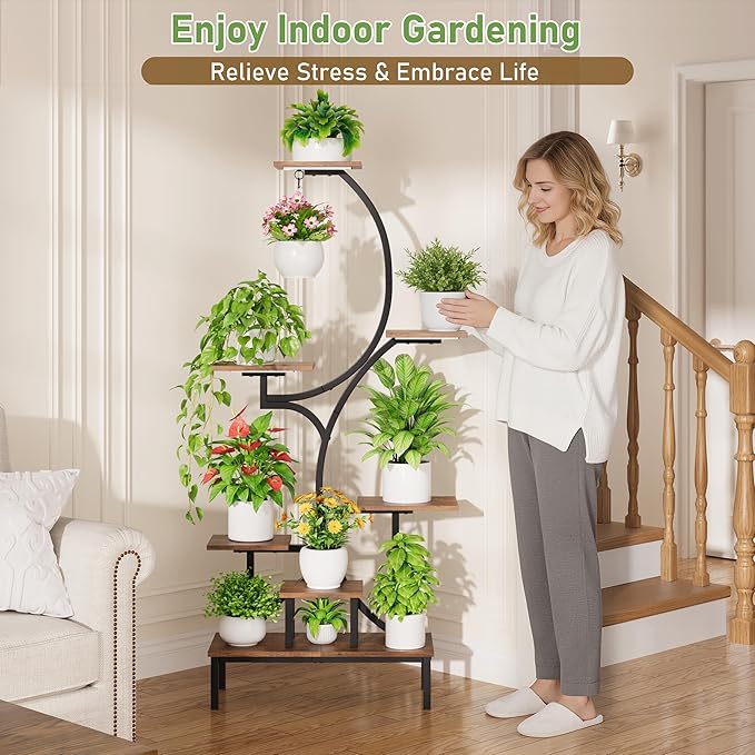 Plant Stand Indoor with Grow Lights - 7-Tier Indoor Plant Shelf with Elevated Base & Hanging Hook, 63" Corner Plants Stands for Multiple Plant Sizes, Multi-Tiered Lighted Rack for Living Room, Black