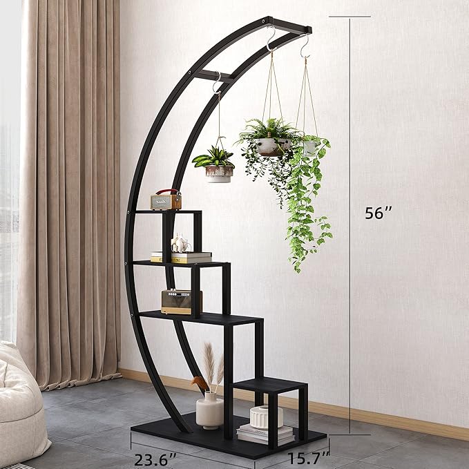 Patikuin 5-Tier Half Moon Metal Plant Stand Set of 2 – Tall Indoor & Outdoor Ladder Flower Shelf Rack with Hanging Hooks, Modern Multi-Tier Display for Living Room, Balcony & Garden