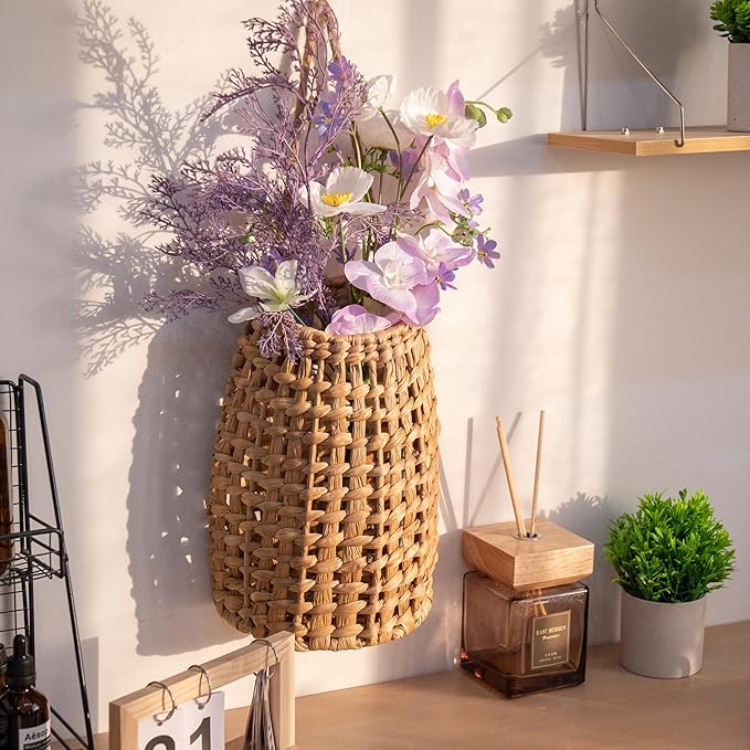 Woven Water Hyacinth Hanging Basket Door Hanging Basket Wall for Home Garden Farmhouse (Water Hyacinth)