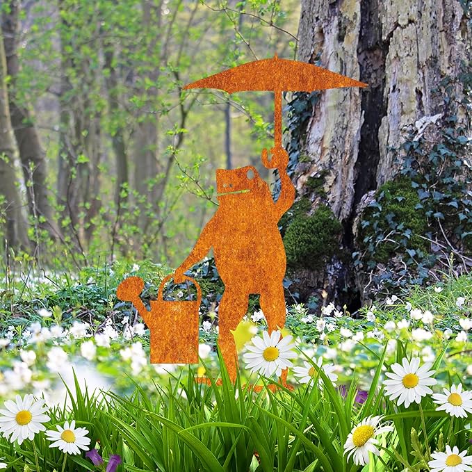 Rusty Metal Frog Garden Stake Funny Frog with Umbrella Rustic Nature Animal Country Weathered Iron Lawn Ornament Farm Yard Outdoor Decor, Rusty