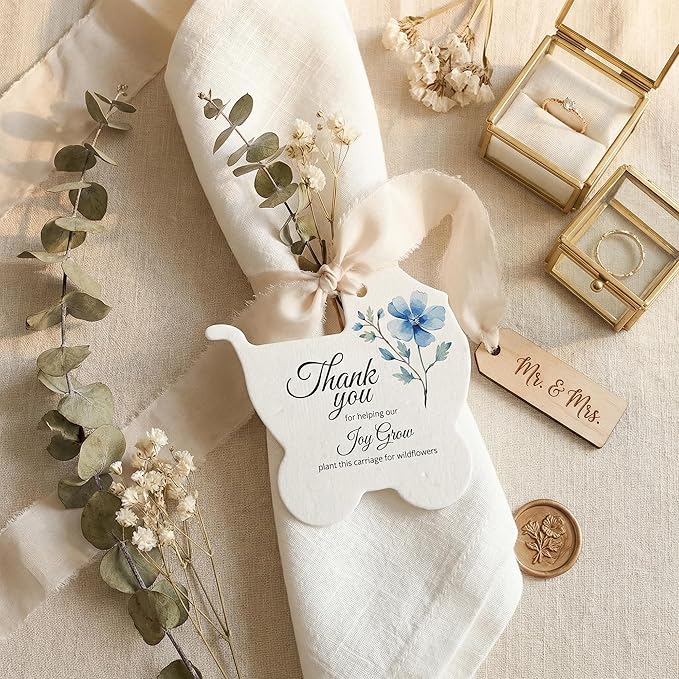 24pcs Blue Carriage-Shaped Gift Tags with Wildflower Seeds - Writable Gift Wrap Tags for Baby Showers, Mother's Day Present, Party Favors, DIY Crafts, & Earth Day Decorations
