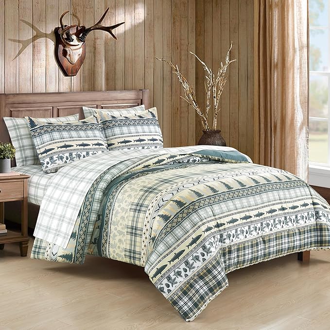 Chezmoi Collection Ridge 7-Piece Northwest Cabin Lodge Bed in a Bag California King Comforter Set - Multicolor Pine Tree Fish Deer Printed Microfiber Bedding Set