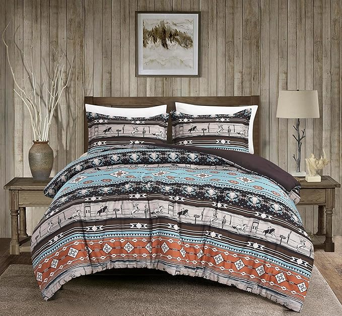 Chezmoi Collection Sawyer 2-Piece Southwestern Cowboys Rodeo Comforter Set - Multicolor Blue Brown Beige Clay Printed Washed Microfiber Bedding, Twin