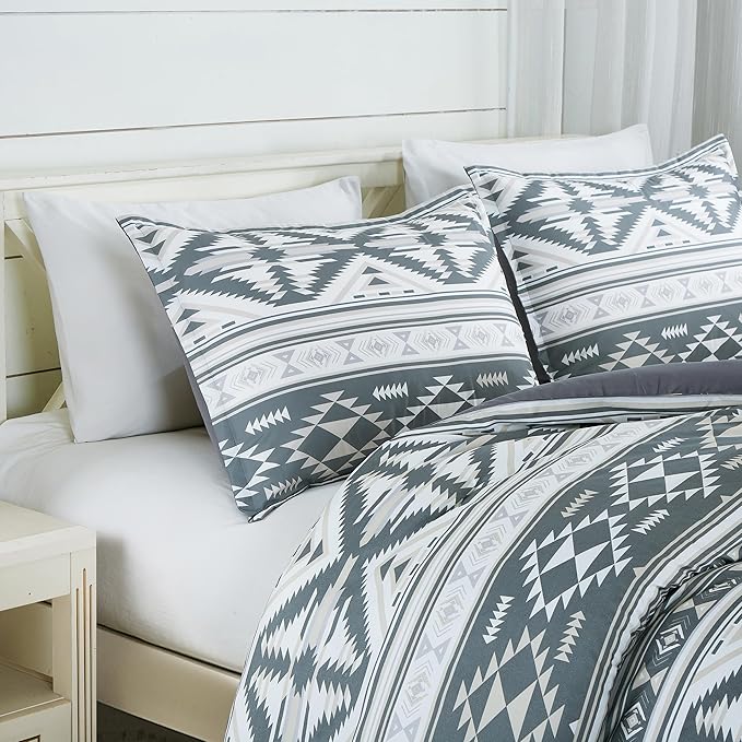 Chezmoi Collection Zella 3-Piece Southwestern Geometric Motif Comforter Set - Multicolor Gray White Light Brown Printed Washed Microfiber Bedding, Full