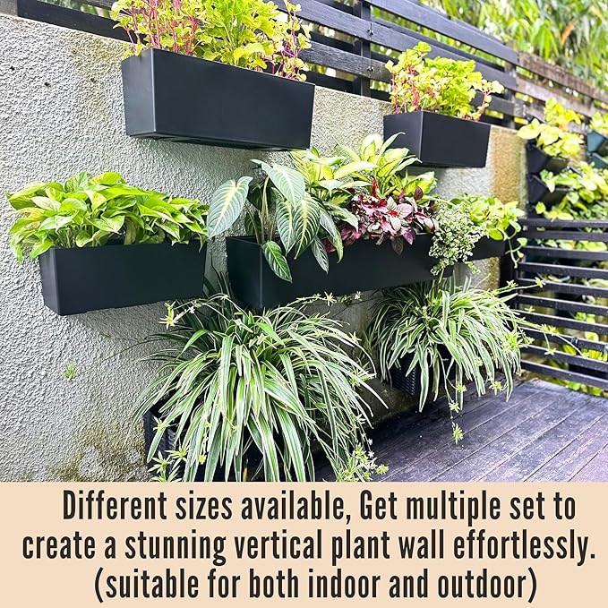 LaLaGreen Wall Planters for Outdoor (14 Inch, 4 Pack) Black Self Watering System Hanging Planter Box Flower Pot, Rectangular Wall Mount Indoor Vertical Living Garden Decoration Window Sill Herb Trendy