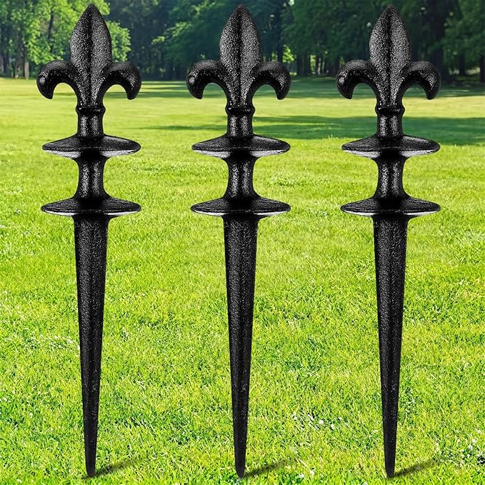 Tandefio 3 Pcs Fleur De Lis Garden Hose Guide Stakes, Heavy Duty Decorative Antique Black Cast Iron Metal Hose Guides, Plant Protector for Lawn Yard Flower Bed