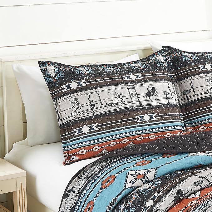 Chezmoi Collection Boone 2-Piece Southwestern Cowboys Rodeo Quilt Set Twin - Multicolor Blue Brown Beige Clay Printed Microfiber Lightweight Bedspread Set for All Season