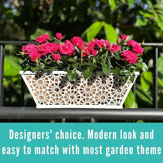 LaLaGreen Window Boxes Planters for Outdoor Plants (2 Pack, 16 Inch) White Metal Rectangular Wall Hanging Planters Deck Railing Flower Box with Coco Liners, Trendy Horse Troughs Balcony Patio Porch