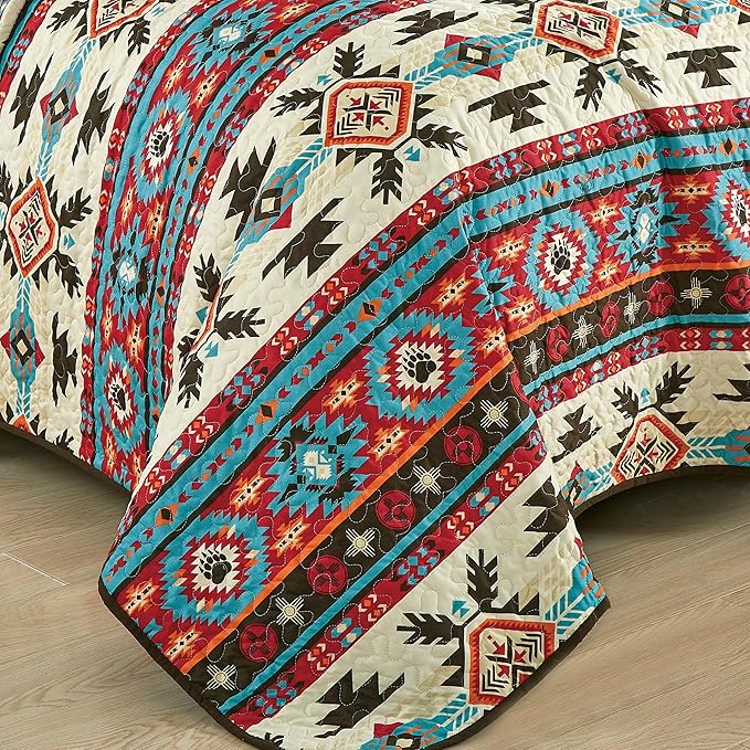 Chezmoi Collection Sanse 3-Piece Southwestern Geometric Motif Quilt Set - Multicolor Red Brown Blue Cream Printed Microfiber Lightweight Quilted Bedspread Set, Queen (100" x 95")