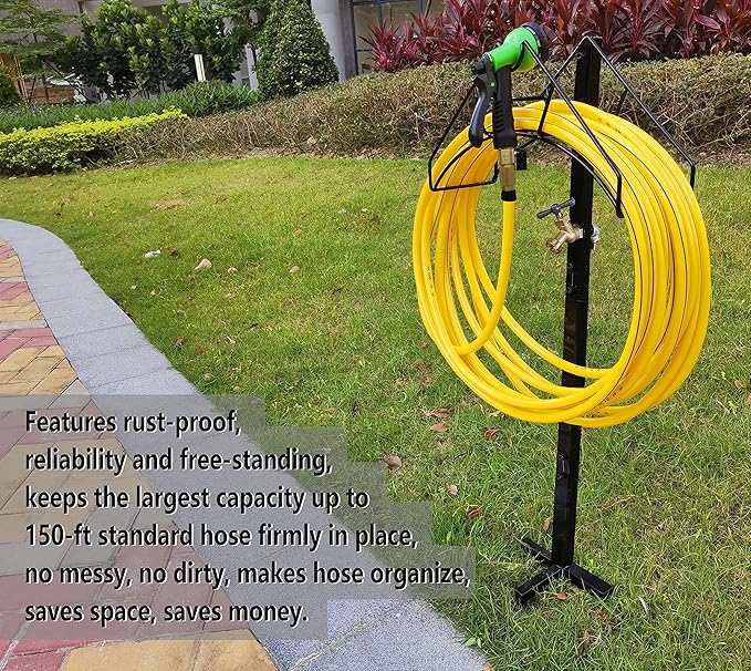 Artigarden Freestanding Outdoor Garden Hose Holder Stand with Brass Faucet, Heavy Duty Metal Water Hose Reel Storage Stake Rack for Backyard, Black (Hose not Included)