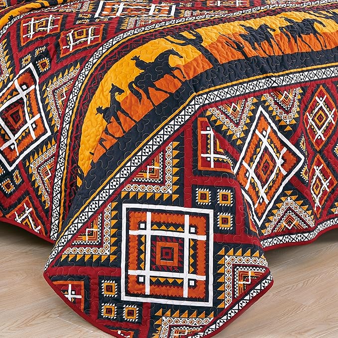 Chezmoi Collection Rodeo 3-Piece Southwestern Sunset Cowboys Quilt Set King - Multicolor Red Orange Black White Printed Microfiber Lightweight Bedspread Set for All Season