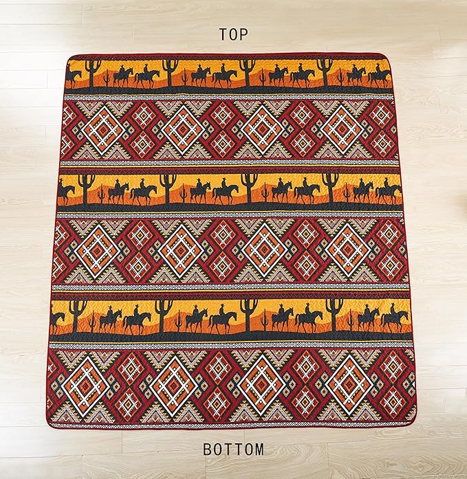 Chezmoi Collection Rodeo 2-Piece Southwestern Sunset Cowboys Quilt Set Twin - Multicolor Red Orange Black White Printed Microfiber Lightweight Bedspread Set for All Season