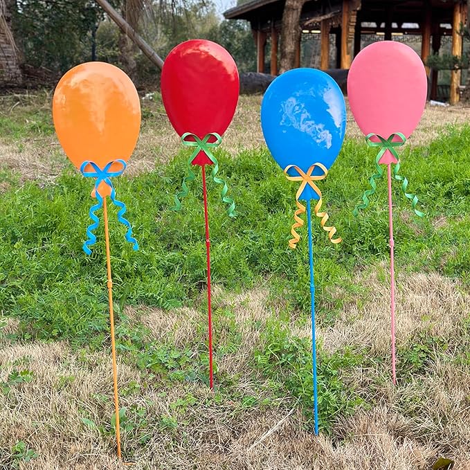 32" Decorative Garden Stakes Set of 4, Happy Birthday Yard Stakes, Metal Balloon Yard Art, Rustproof Metal Garden Decor & Yard Decorations Outdoor, Metal Flowers for Outside in 4 Colors
