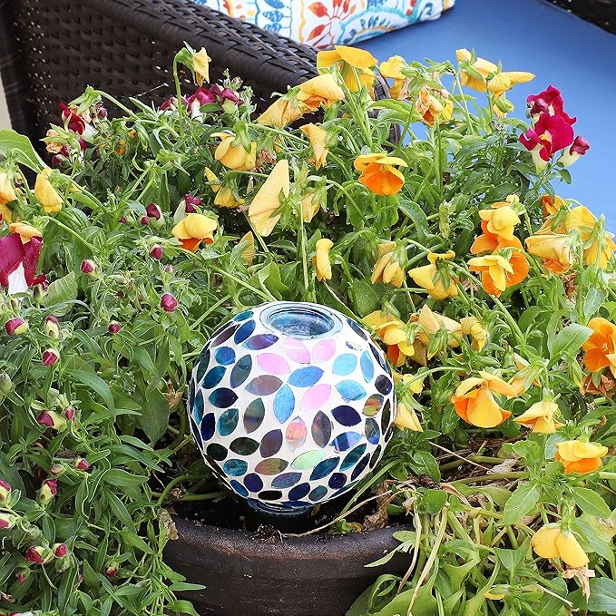 Sunnydaze Mosaic Glass Plant Watering Globe with Clay Spike - Decorative Self-Watering Planter Insert - Water Dripper for Plants - 9.5" - Spring Petals - Set of 24