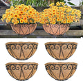 LaLaGreen Outdoor Wall Planters (4 Pack, 12 Inch) Black Metal Wall Mounted Hanging Basket with Coco Liner, Flower Pot Plant Holder Semi-Circle Planter for Fence Railing Deck Porch Balcony Garden Decor