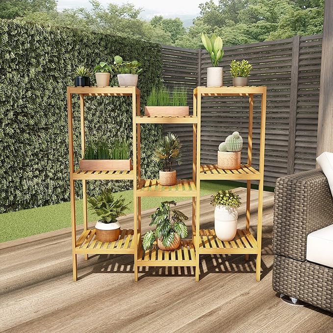 Multi-Level Plant Stand - Freestanding 9-Tier Bamboo Shelf - Indoor/Outdoor Shelving Unit for Storage, Flowerpots, Shoes, and Display by Pure Garden