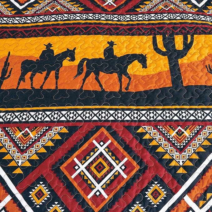 Chezmoi Collection Rodeo 3-Piece Southwestern Sunset Cowboys Quilt Set Full - Multicolor Red Orange Black White Printed Microfiber Lightweight Bedspread Set for All Season