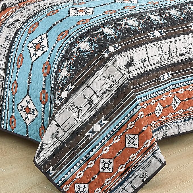 Chezmoi Collection Boone 3-Piece Southwestern Cowboys Rodeo Quilt Set Queen - Multicolor Blue Brown Beige Clay Printed Microfiber Lightweight Bedspread Set for All Season