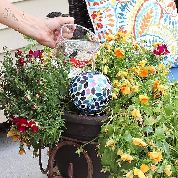 Sunnydaze Mosaic Glass Plant Watering Globe with Clay Spike - Decorative Self-Watering Planter Insert - Water Dripper for Plants - 9.5" - Spring Petals - Set of 24