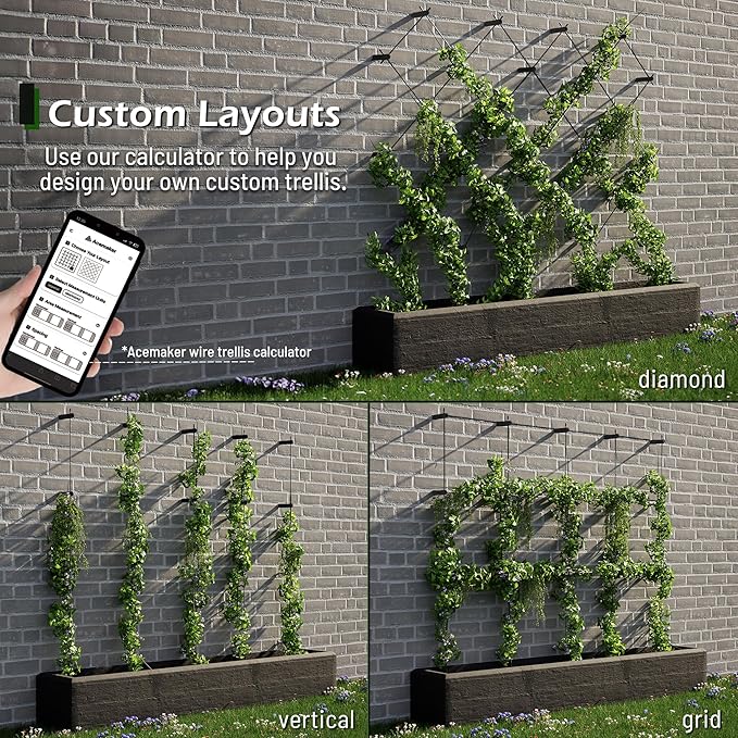 Wire Trellis for Climbing Plants Outdoor, 20-Set Black ABS Plastic Wall Wire Trellis Kit with 1/8" x 65ft Vinyl Coated Cable & Cutter, Stainless Steel Cable Espalier System for Garden Fence