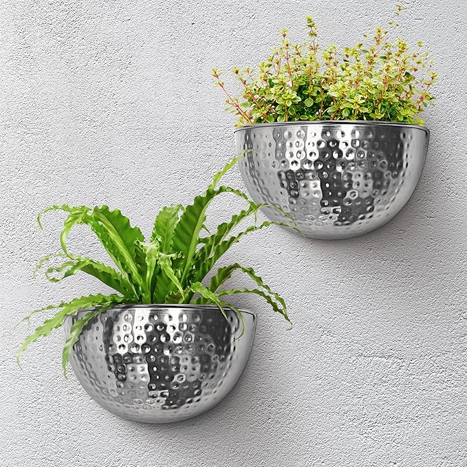 Allegorie Metal Wall Planter | Indoor or Outdoor Hanging Plant Pot | Farmhouse Decor & Boho Kitchen Decoration for Herbs & Succulents 12x7 (Silver)