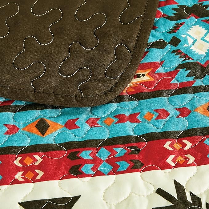 Chezmoi Collection Sanse 3-Piece Southwestern Geometric Motif Quilt Set - Multicolor Red Brown Blue Cream Printed Microfiber Lightweight Quilted Bedspread Set, Full (90" x 95")