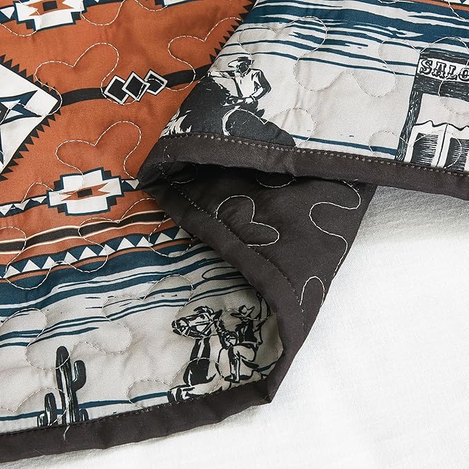Chezmoi Collection Boone 3-Piece Southwestern Cowboys Rodeo Quilt Set Queen - Multicolor Blue Brown Beige Clay Printed Microfiber Lightweight Bedspread Set for All Season