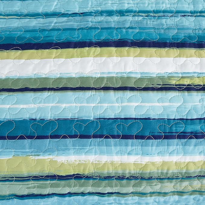 Chezmoi Collection Morgan 3-Piece Striped Quilt Set - Green Blue White Striped Printed Microfiber Lightweight Quilted Bedspread Set, Queen (100" x 95")