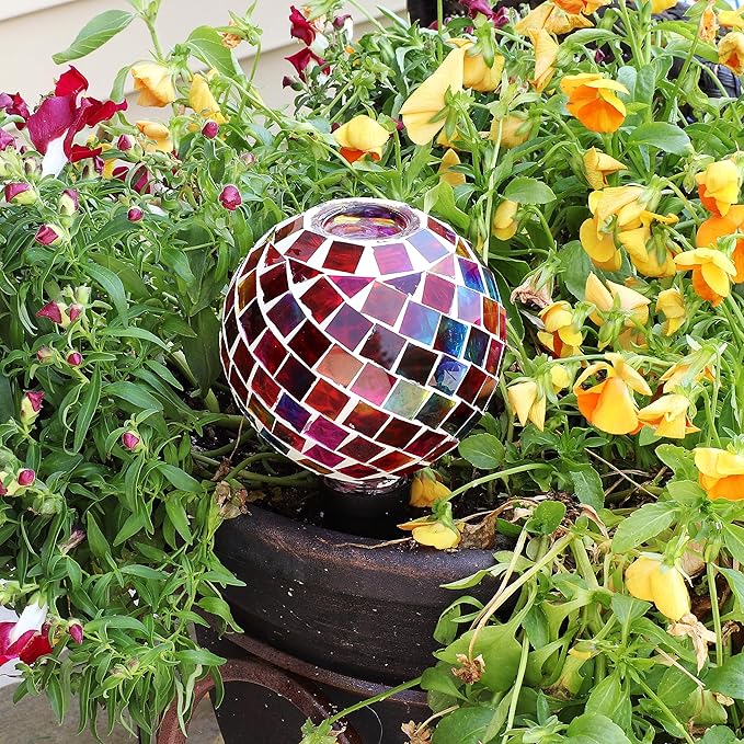 Sunnydaze Mosaic Glass Plant Watering Globe with Clay Spike - Decorative Self-Watering Planter Insert - Water Dripper for Plants - 9.5" - Magenta Medley -24-Pack